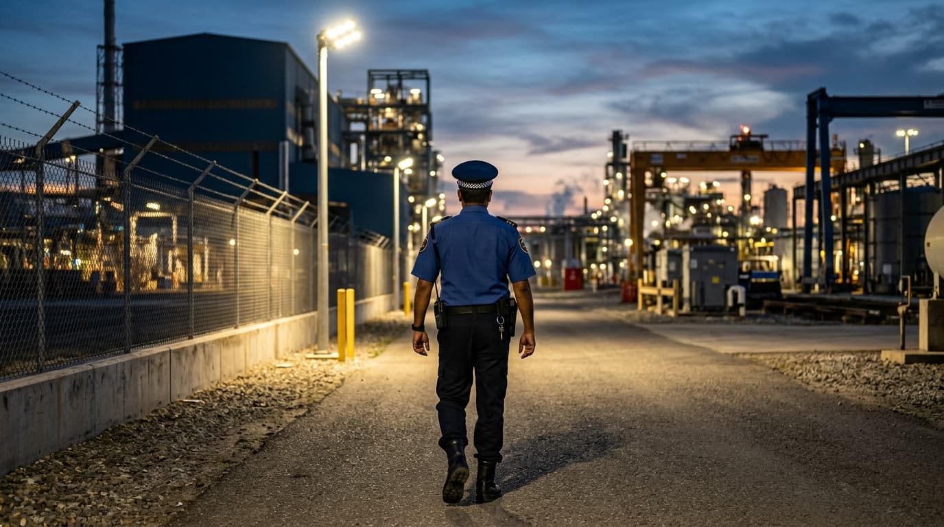 Industrial Security Officer on Night Perimeter Patrol Under High-Bay Factory Floodlights