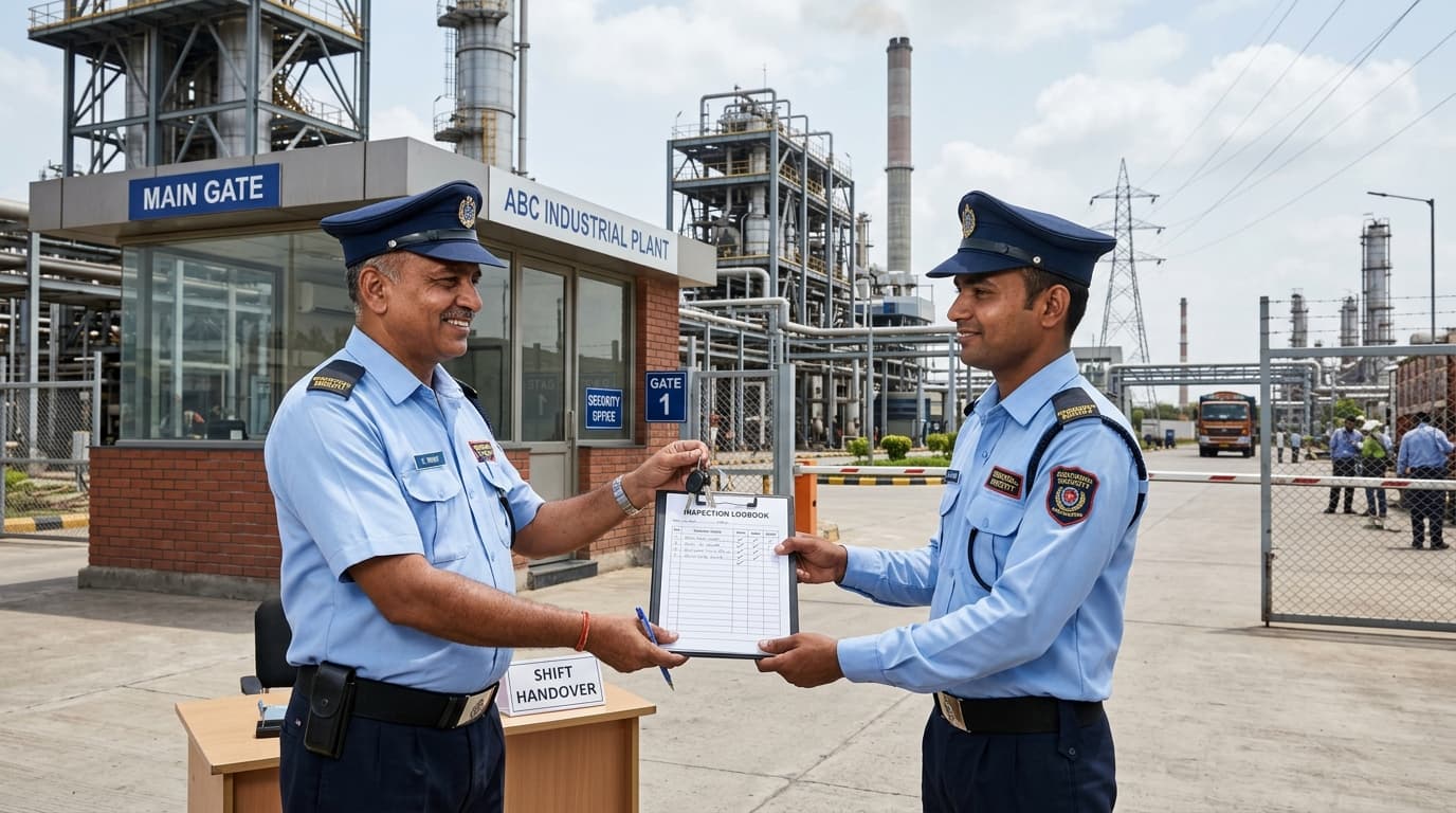 Two Industrial Security Guards Performing Shift Briefing and Handover at Main Gate Guardhouse