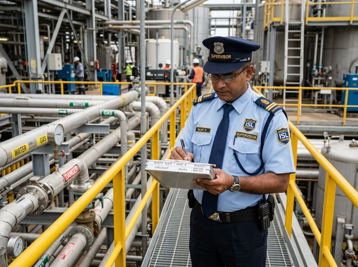 Industrial Security Supervisor Reviewing Safety Audit Checklist at Chemical Manufacturing Facility