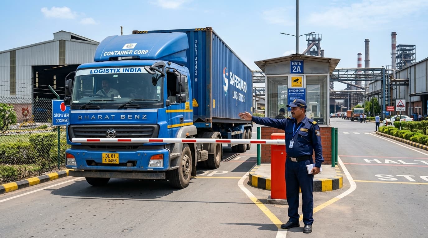 Heavy Freight Logistics Truck Stopping at Automated Boom Barrier Checkpoint
