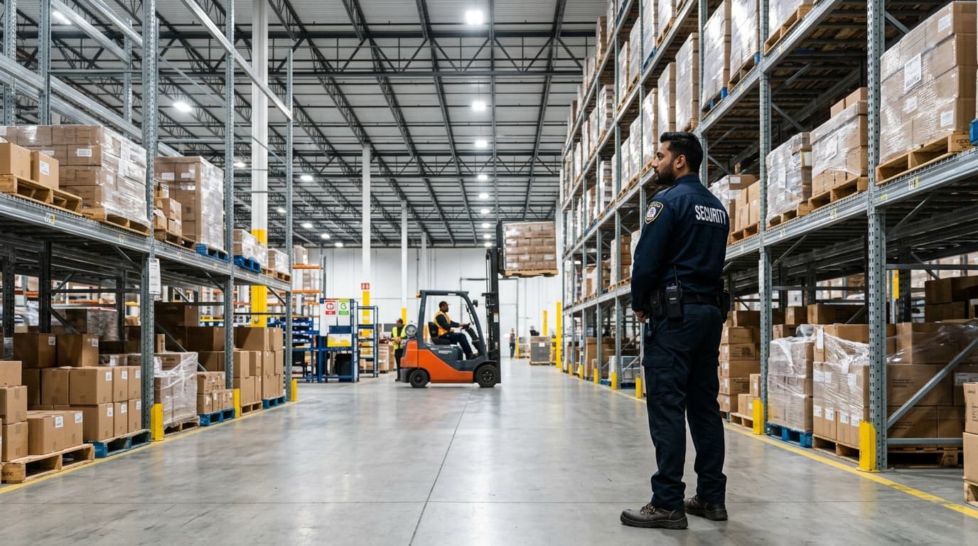 Industrial Security Guard Monitoring High-Bay Pallet Racking in Modern Logistics Warehouse