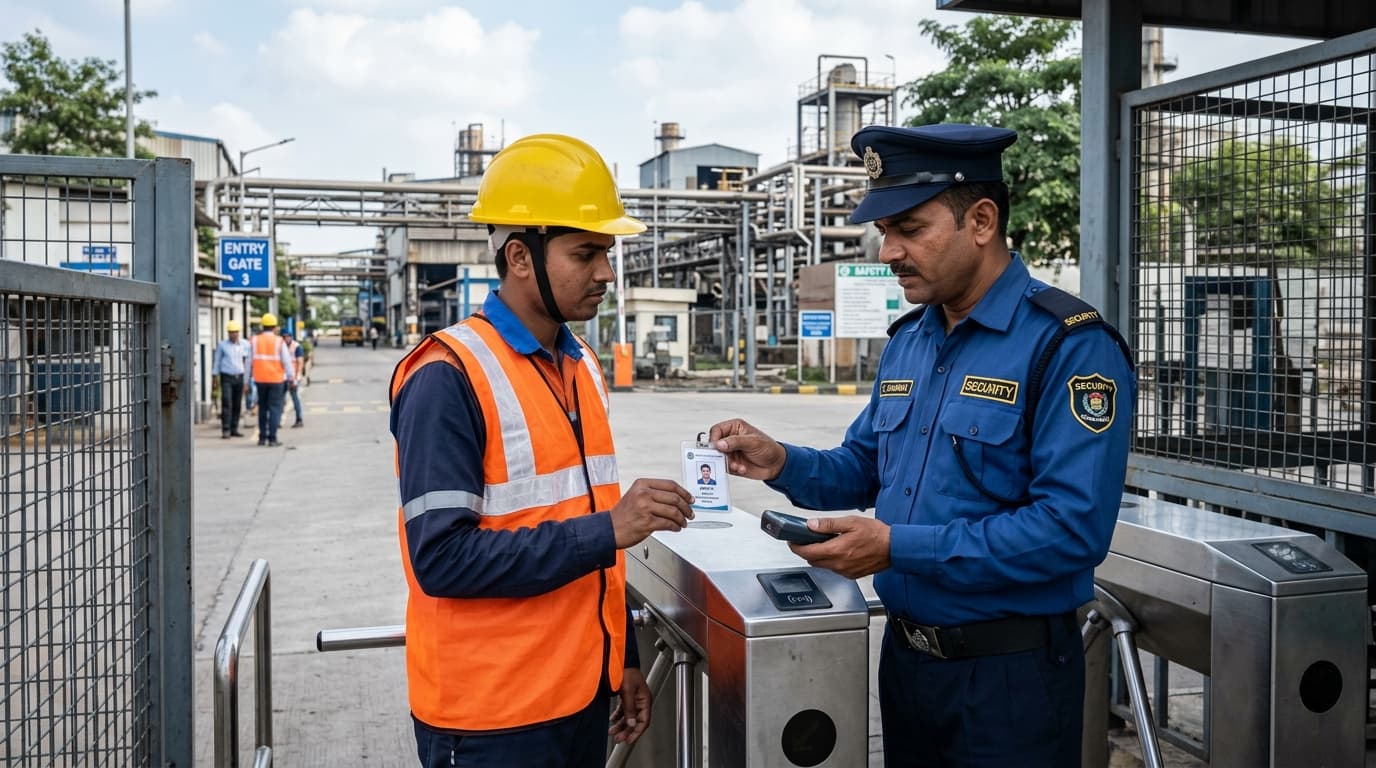 Security Guard Inspecting Technician Photo ID Badge at Factory Gate Turnstile