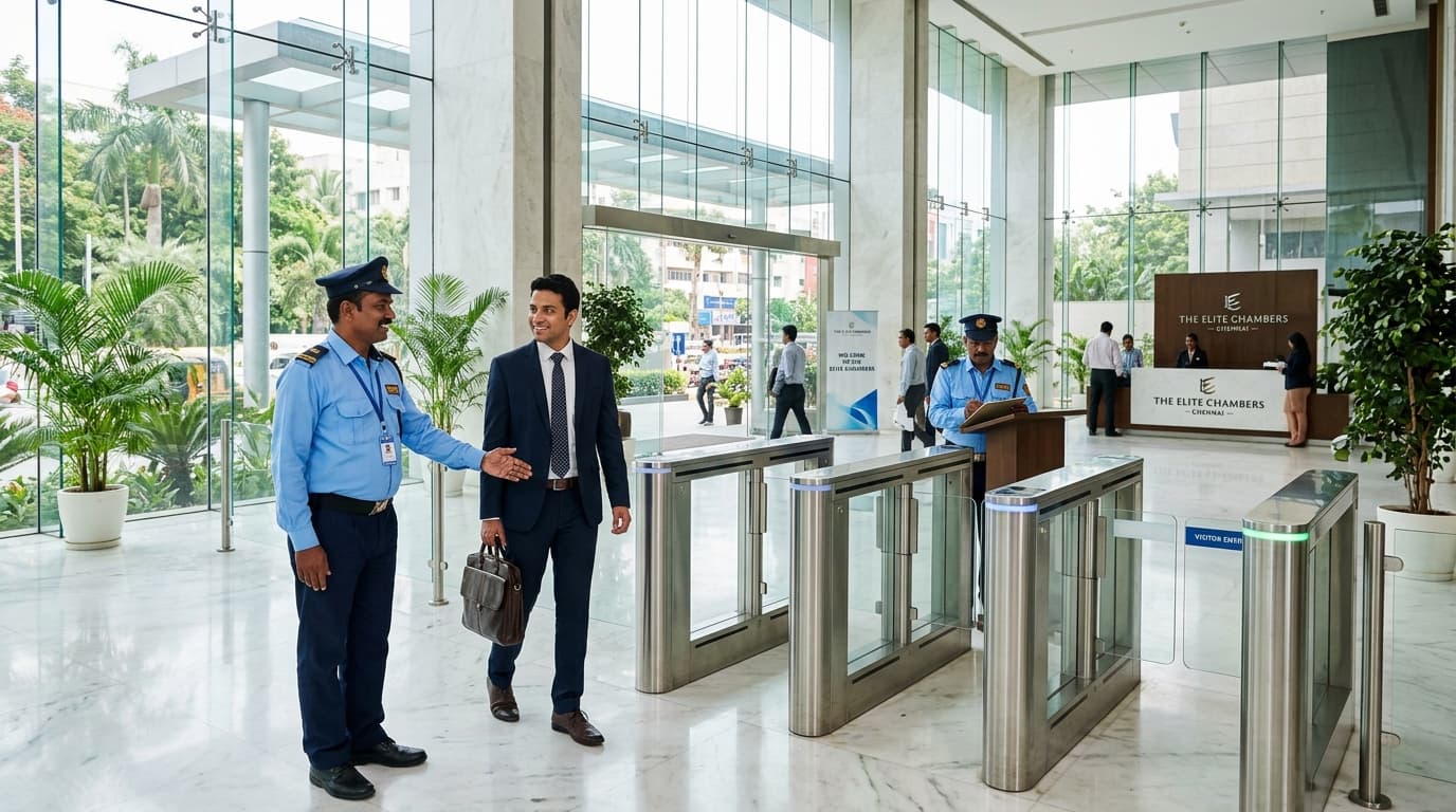 Corporate lobby security turnstiles in Chennai IT Park
