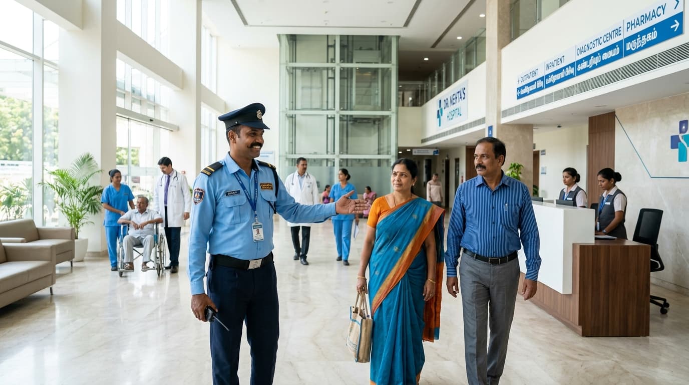 Hospital security personnel guiding patients at medical center entrance in Chennai