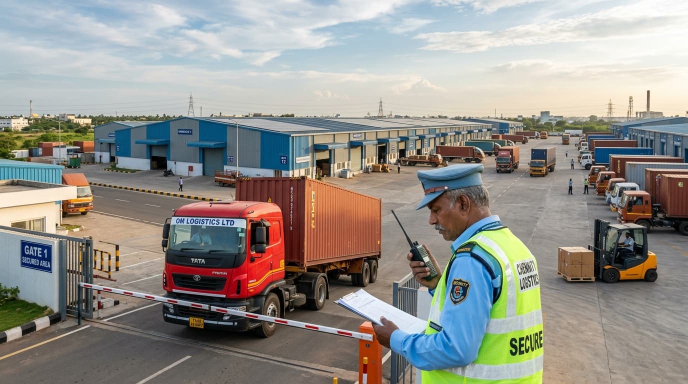 Security officers managing logistics distribution yard and truck boom barrier in Chennai