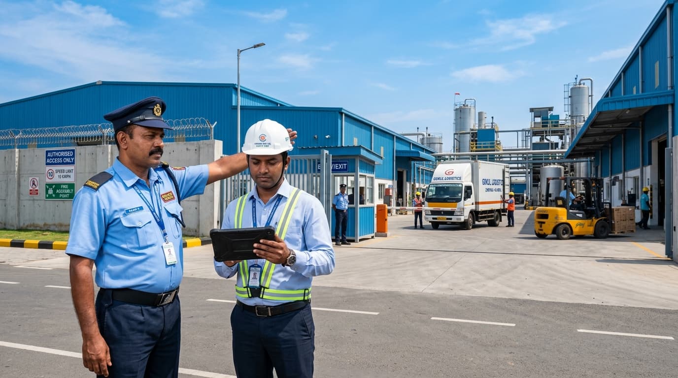 Security supervisor and plant engineer reviewing perimeter security at manufacturing factory