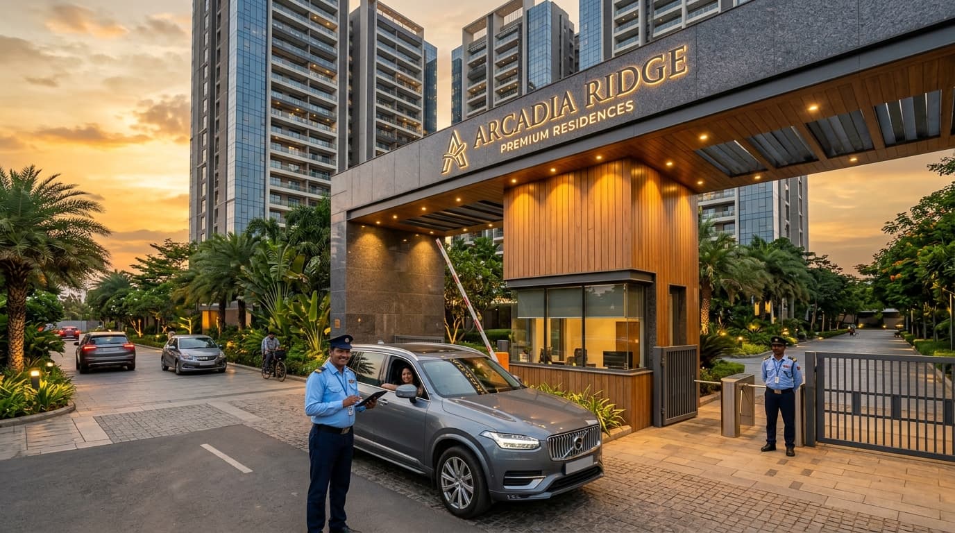 Security guard checking visitor vehicle at luxury gated community gate in Chennai