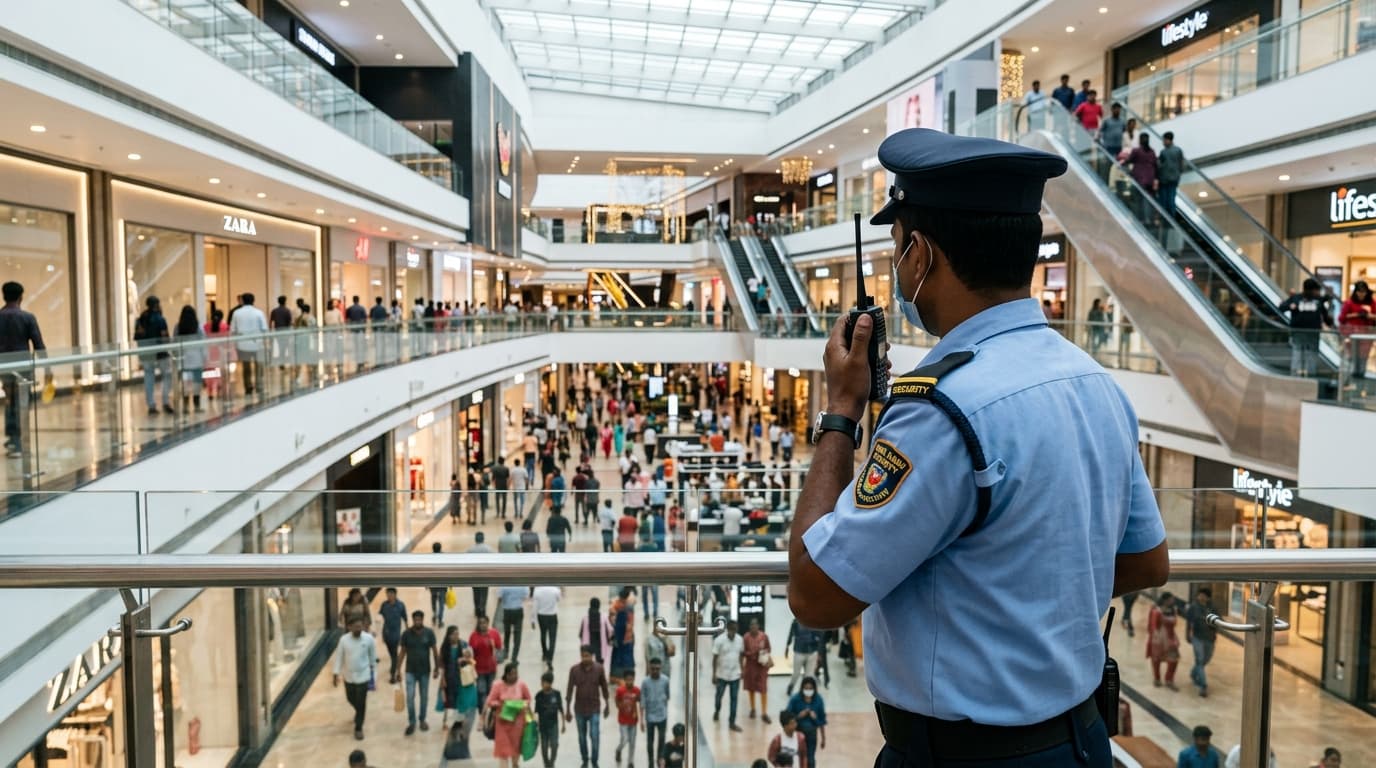 Security guard monitoring shoppers with walkie-talkie