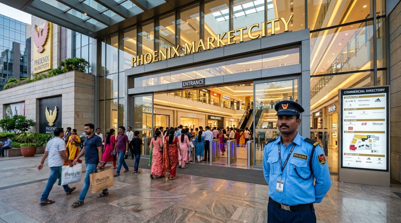 Security officers managing entrance of shopping mall in Chennai
