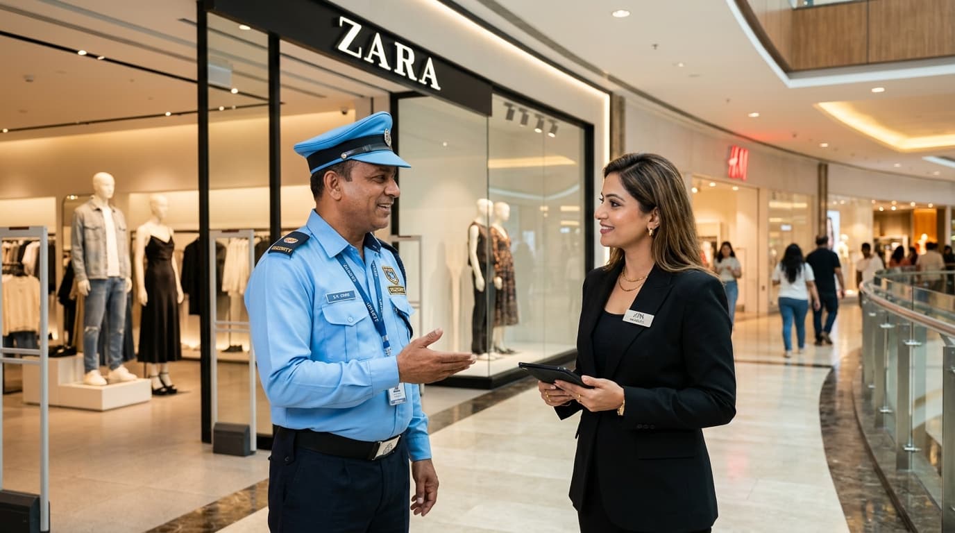 Security officer consulting with retail store manager