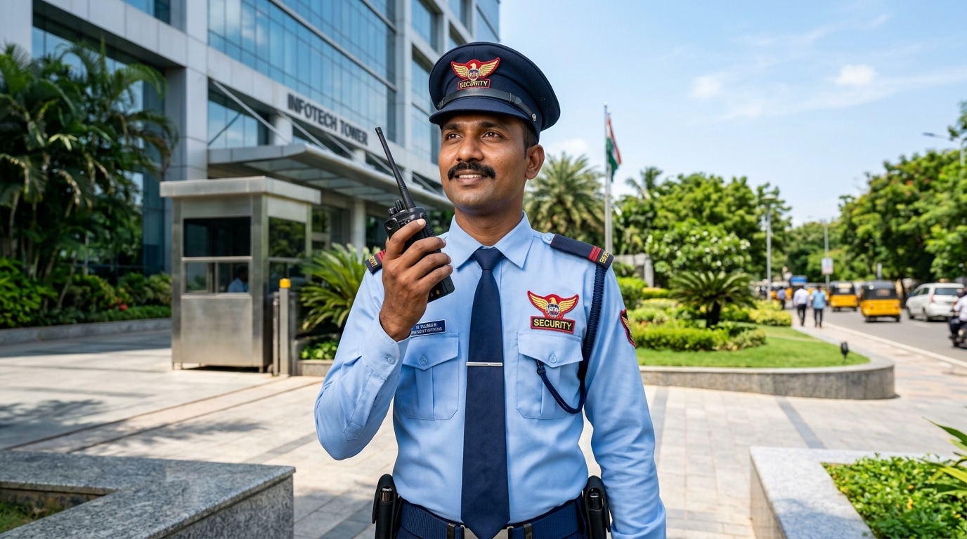 Unique Security Agency professional security officer on active duty in Chennai corporate facility
