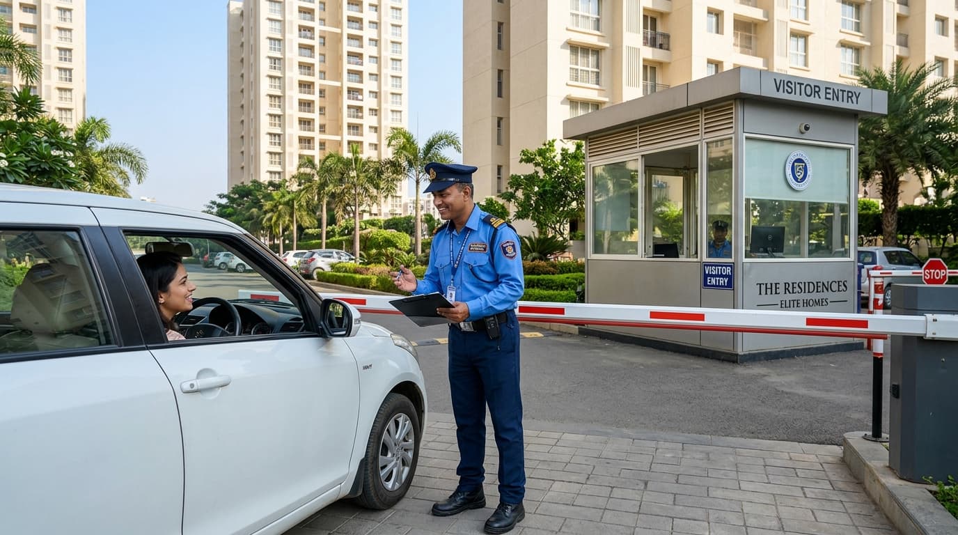 Security Guard Checking Incoming Car at Residential Boom Barrier Checkpoint