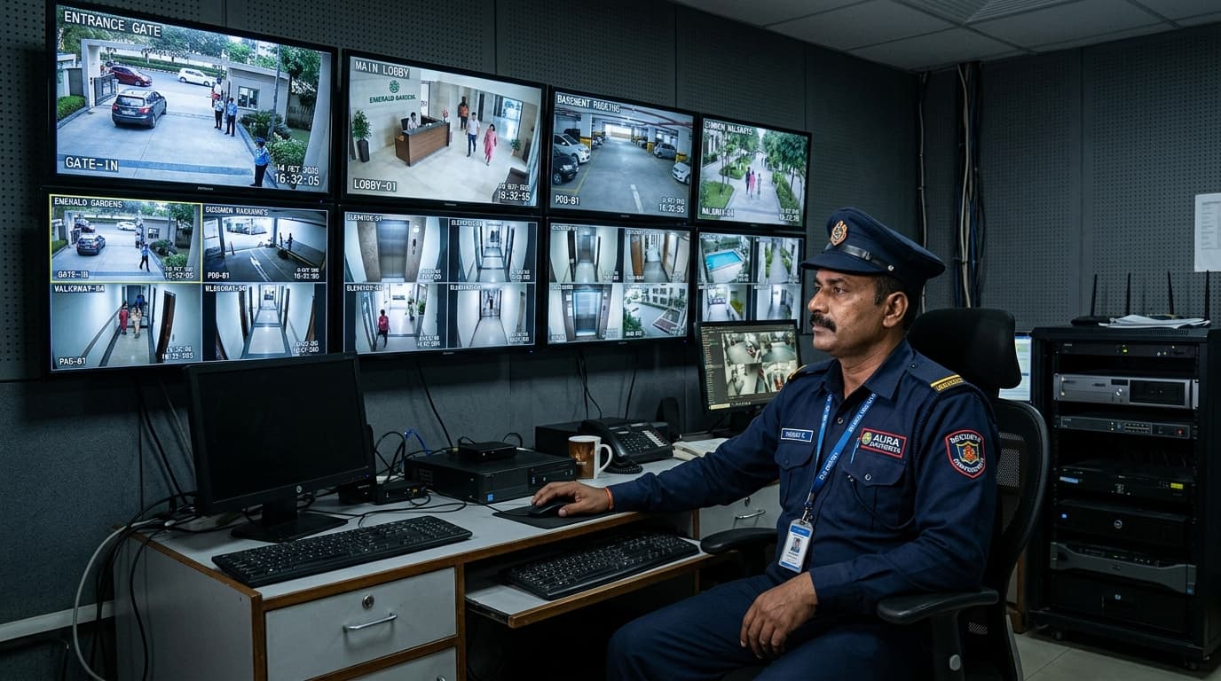 Security Guard Monitoring Multi-Screen CCTV Surveillance Displays in Residential Control Room