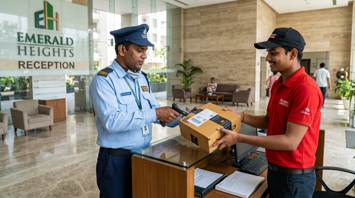 Security Guard Scanning Parcel Barcode from Delivery Executive in Luxury Apartment Reception