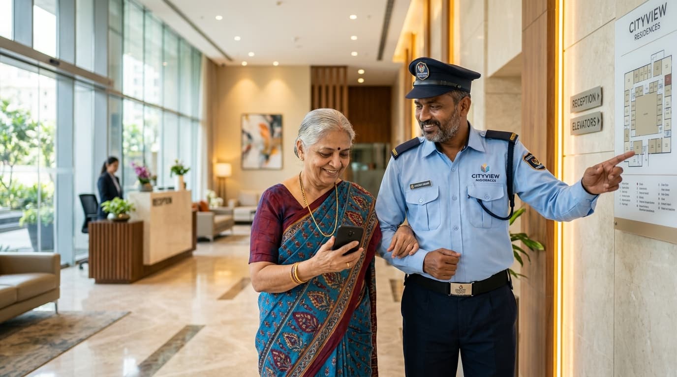 Courteous Security Guard Respectfully Assisting Elderly Resident Lady in Modern Apartment Lobby