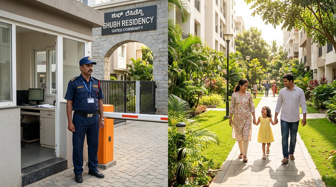 Indian security guard in smart uniform at gated community entrance with walking family
