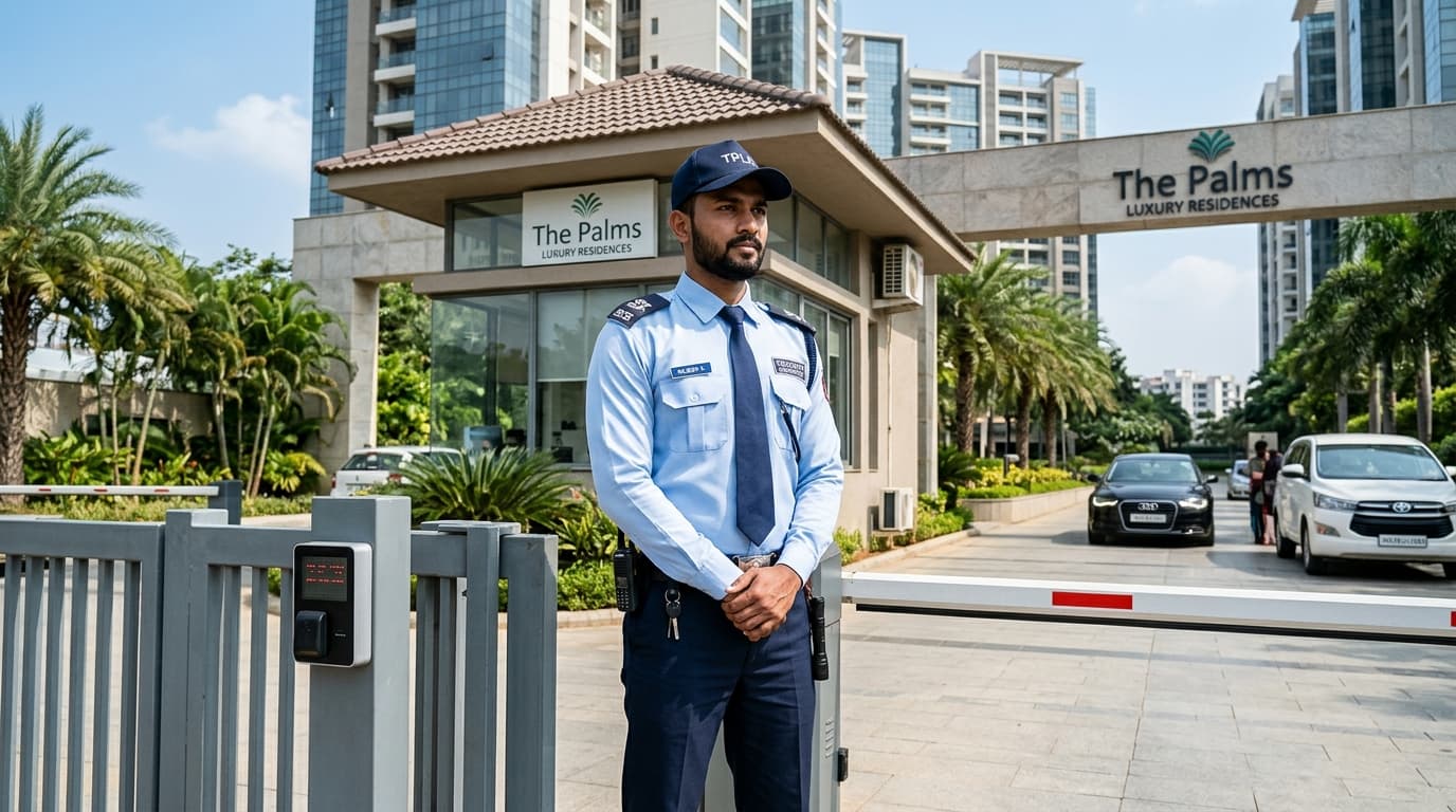 Professional Indian Security Guard at Luxury Apartment Entrance Boom Barrier Gate