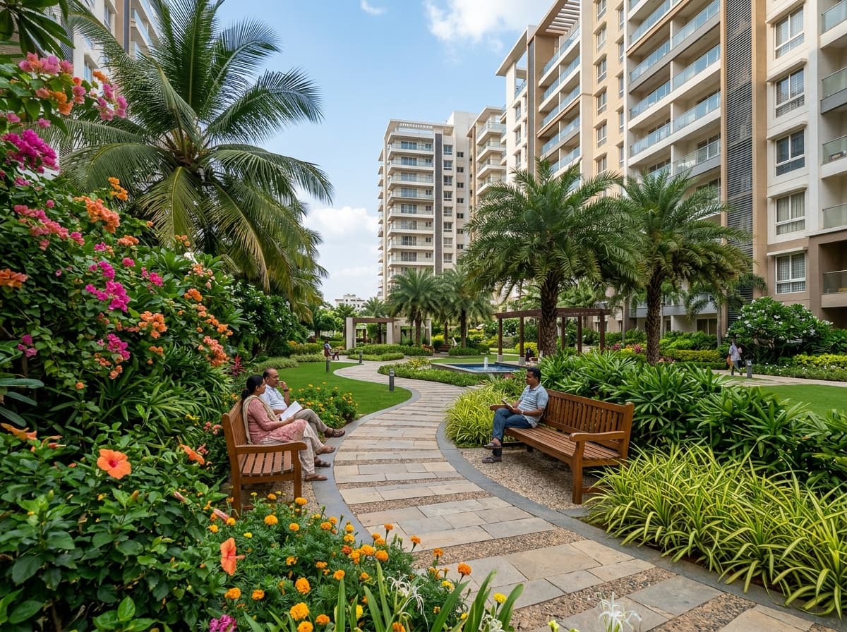 Serene landscaped residential community pathway and club amenities