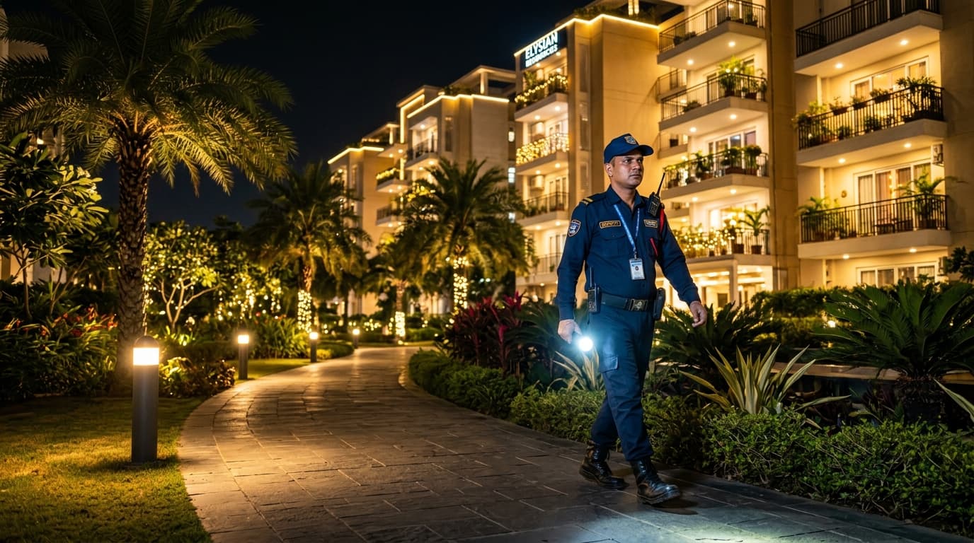 Security Guard with Flashlight on Night Patrol Along Illuminated Residential Garden Pathway