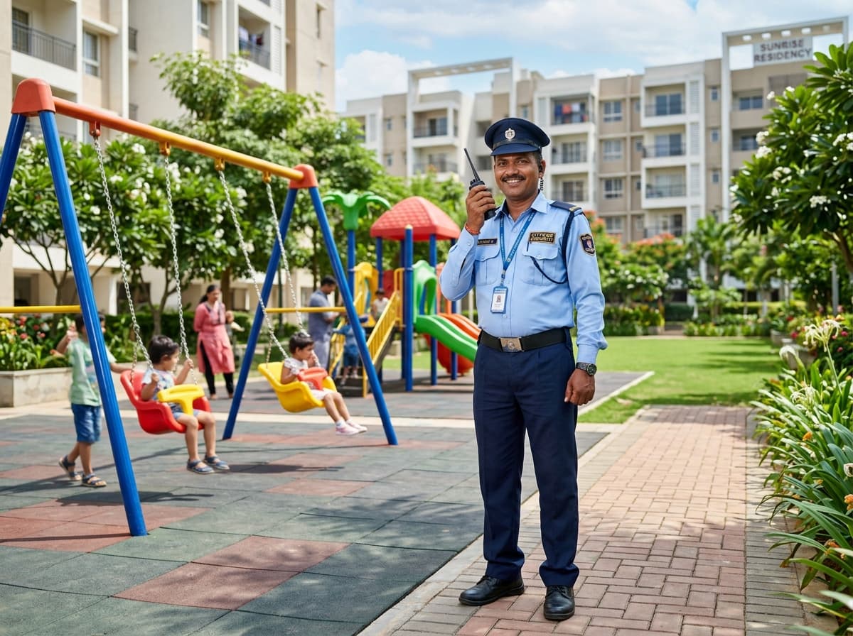 Patrol guard with walkie talkie monitoring landscaped community garden