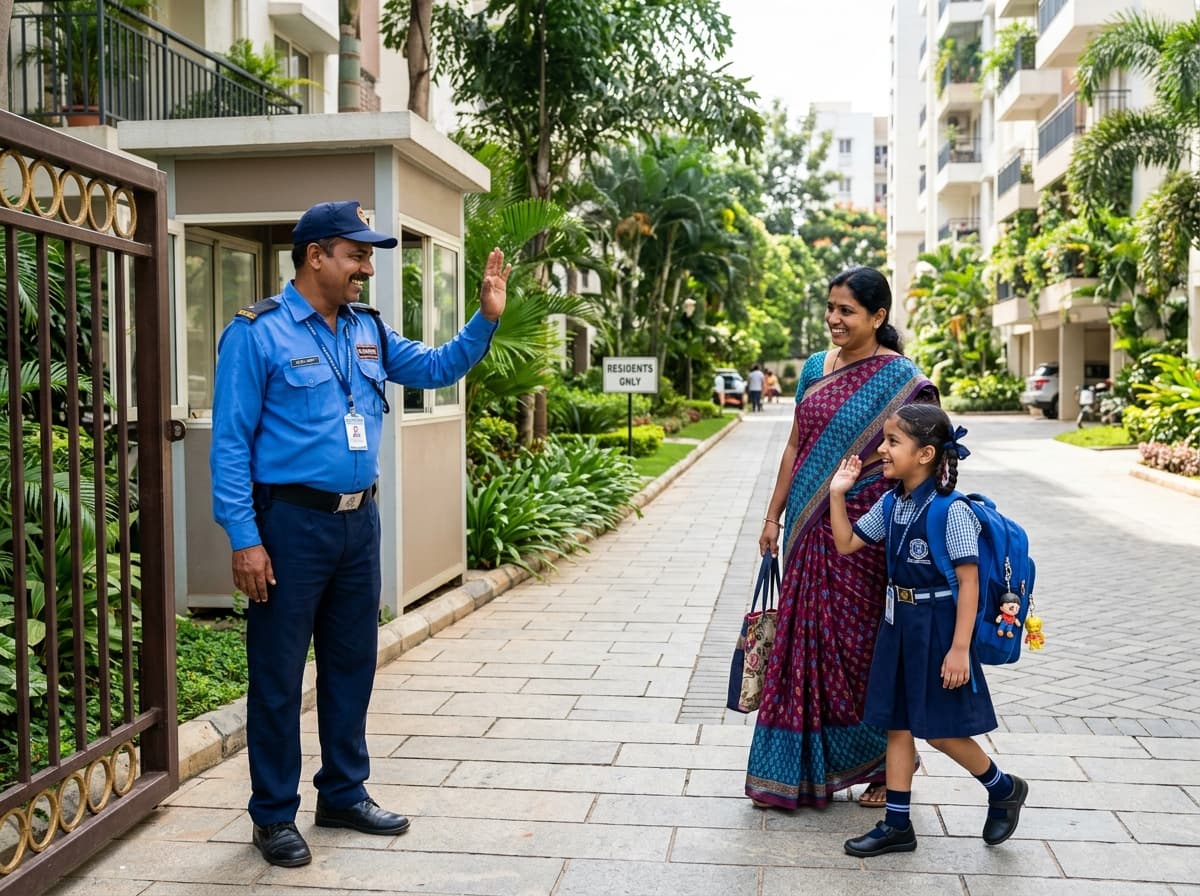 Security officer assisting mother and child walking home safely
