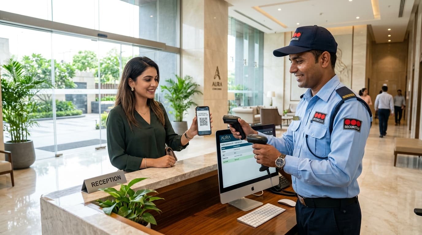 Security Guard Scanning QR Code on Visitor Smartphone in Modern Apartment Lobby