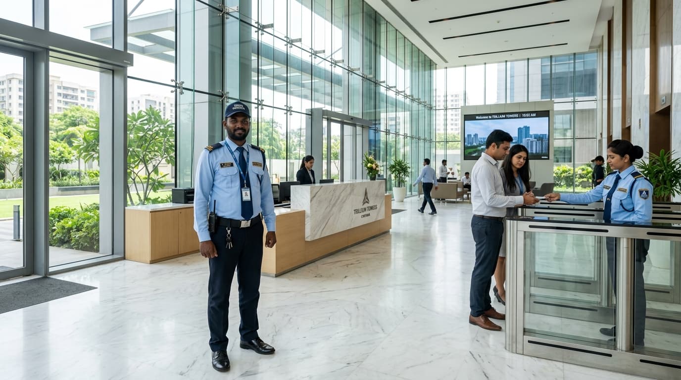Corporate lobby reception and turnstile security in Chennai