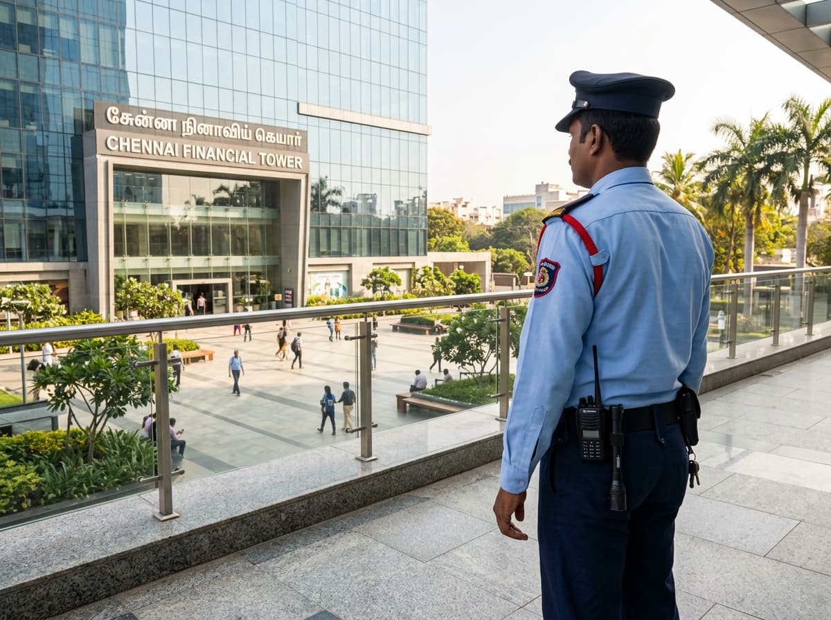 Unique Security Agency guard overlooking commercial premises in Chennai
