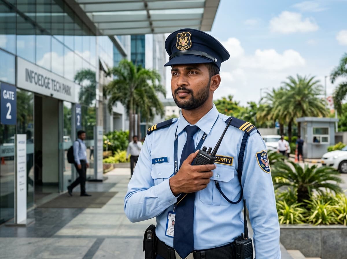 Unique Security Agency officer on duty at Infoedge Tech Park Chennai
